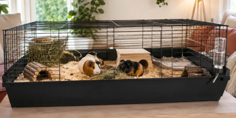 Ruime caviakooi met twee cavia's op tafel