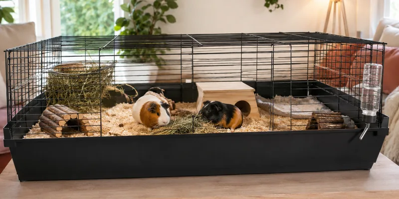 Ruime caviakooi met twee cavia's op tafel