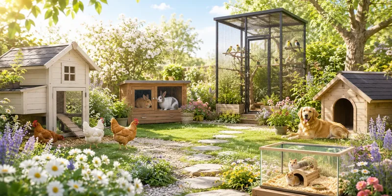 Verschillende dierenverblijven in een tuin