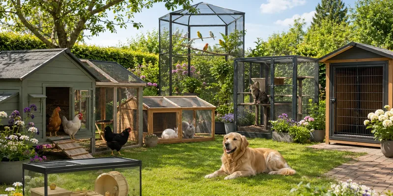 Zelfgebouwde dierenverblijven naast elkaar