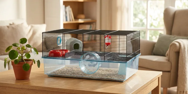 Ferplast hamsterkooi op tafel in lichte kamer