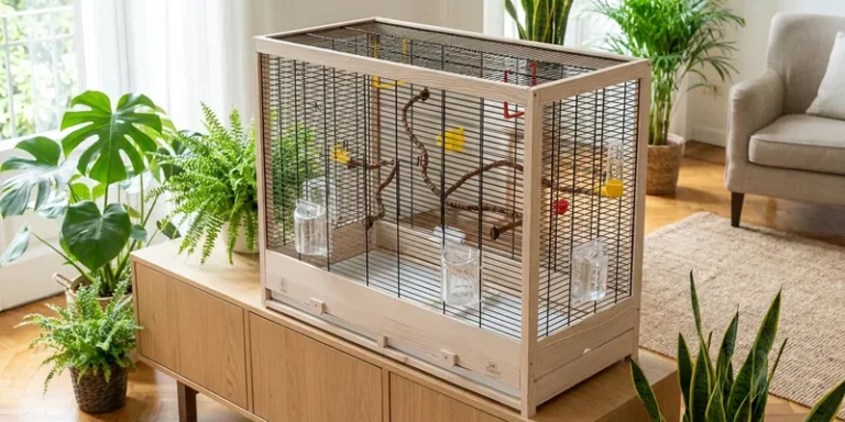 Ferplast vogelkooi op dressoir in lichte woonkamer