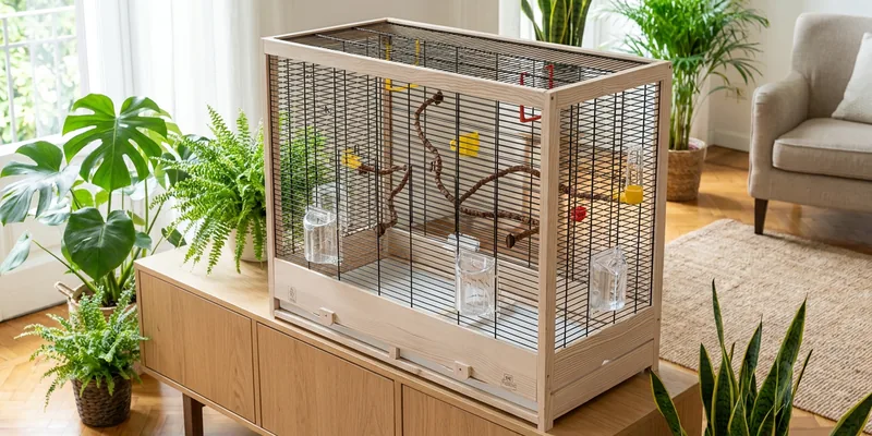 Ferplast vogelkooi op dressoir in lichte woonkamer