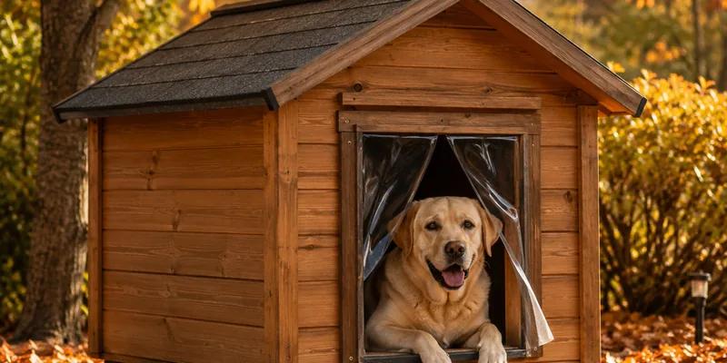 Geisoleerd houten hondenhok met flap en labrador