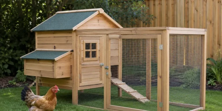 Eenvoudig houten kippenhok met kleine ren