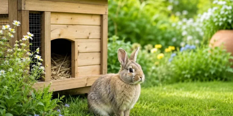 Konijn naast groot houten hok