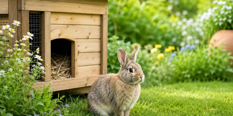 Konijn naast groot houten hok