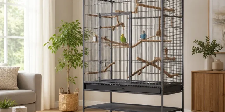 Grote binnenvogelkooi met parkieten