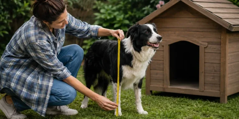Hond wordt opgemeten naast hondenhok