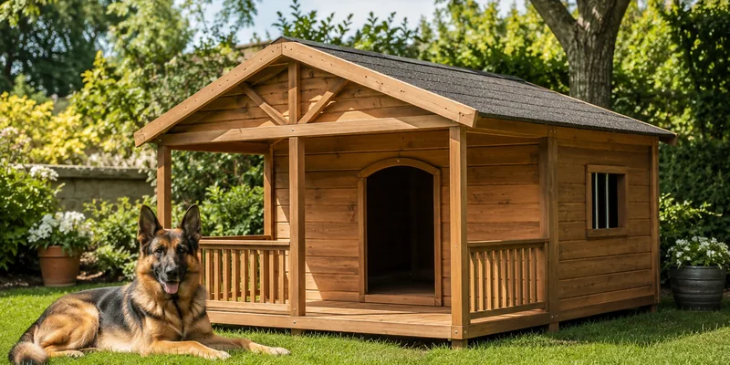 Groot hondenhok met veranda en herdershond