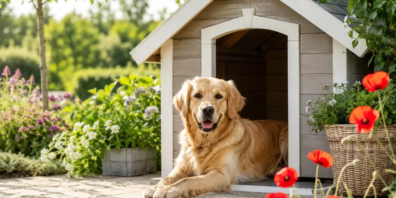 Golden retriever bij licht hondenhok