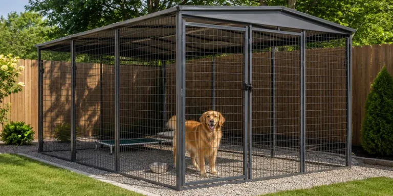 Stalen hondenren met dak en golden retriever