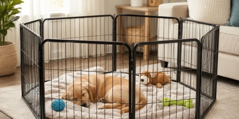 Puppyren binnen met slapende pup