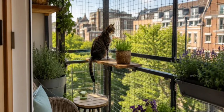Balkon met kattengaas en kat op plankje