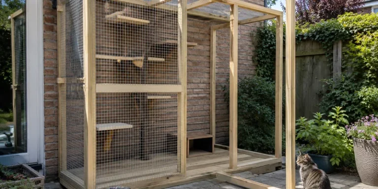 Zelfbouw kattenren in aanbouw tegen de gevel