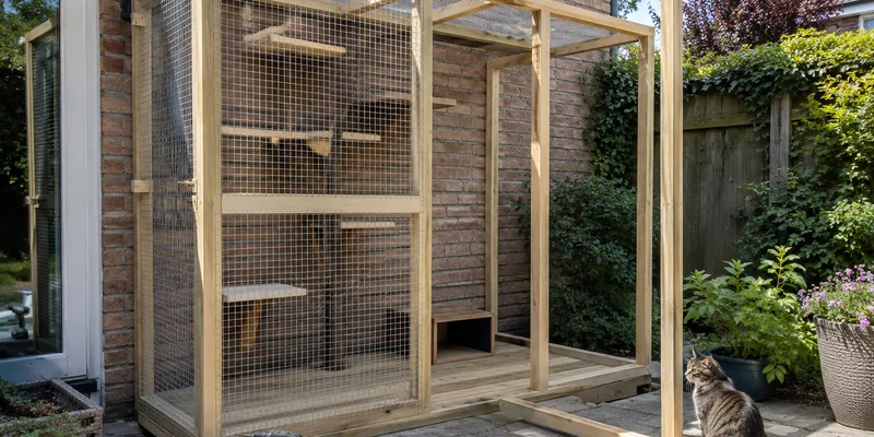 Zelfbouw kattenren in aanbouw tegen de gevel