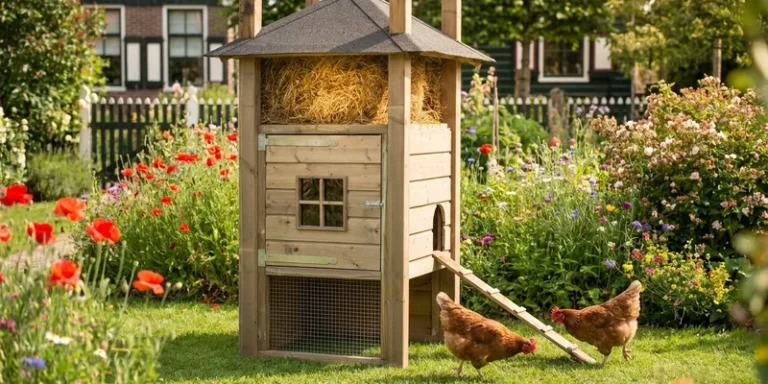 Houten hooiberg-kippenhok in zonnige tuin met kippen