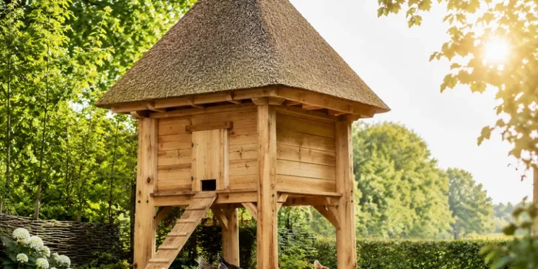 Hooiberg-kippenhok met rieten kap en kippen