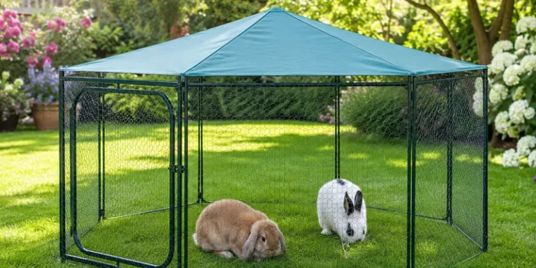 Konijnenren met zonnedoek en twee konijnen
