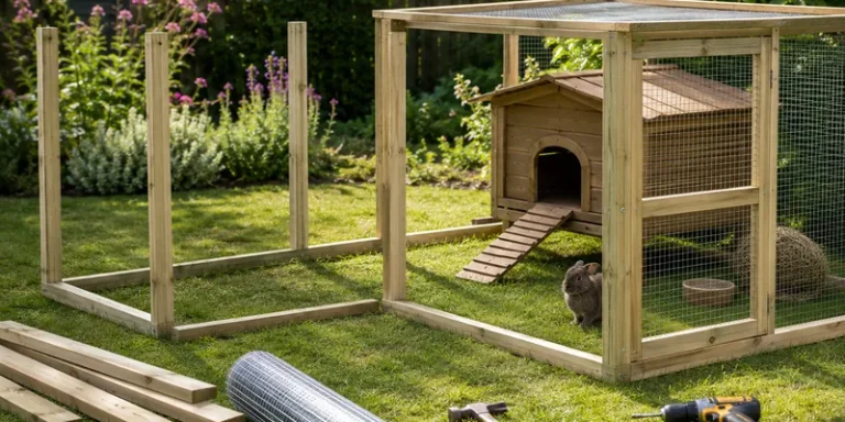 Zelfbouw konijnenren in aanbouw met gereedschap