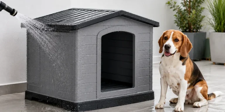 Kunststof hondenhok wordt schoongespoten, beagle ernaast