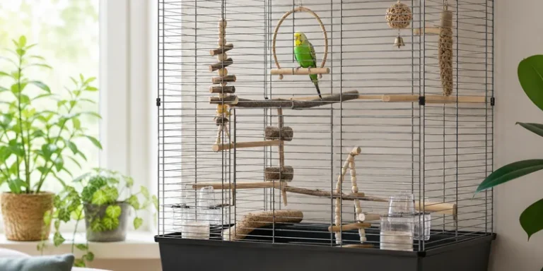 Parkietenkooi met speeltjes en zitstokken