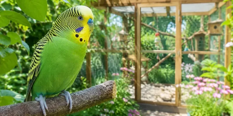 Grasparkiet bij houten buitenvoliere