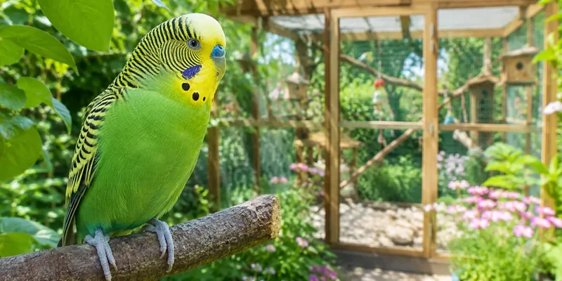 Grasparkiet bij houten buitenvoliere