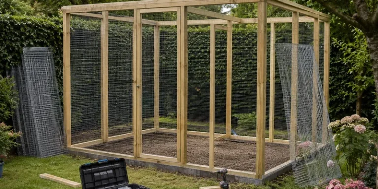 Zelfbouw voliere-frame met gaas en gereedschap