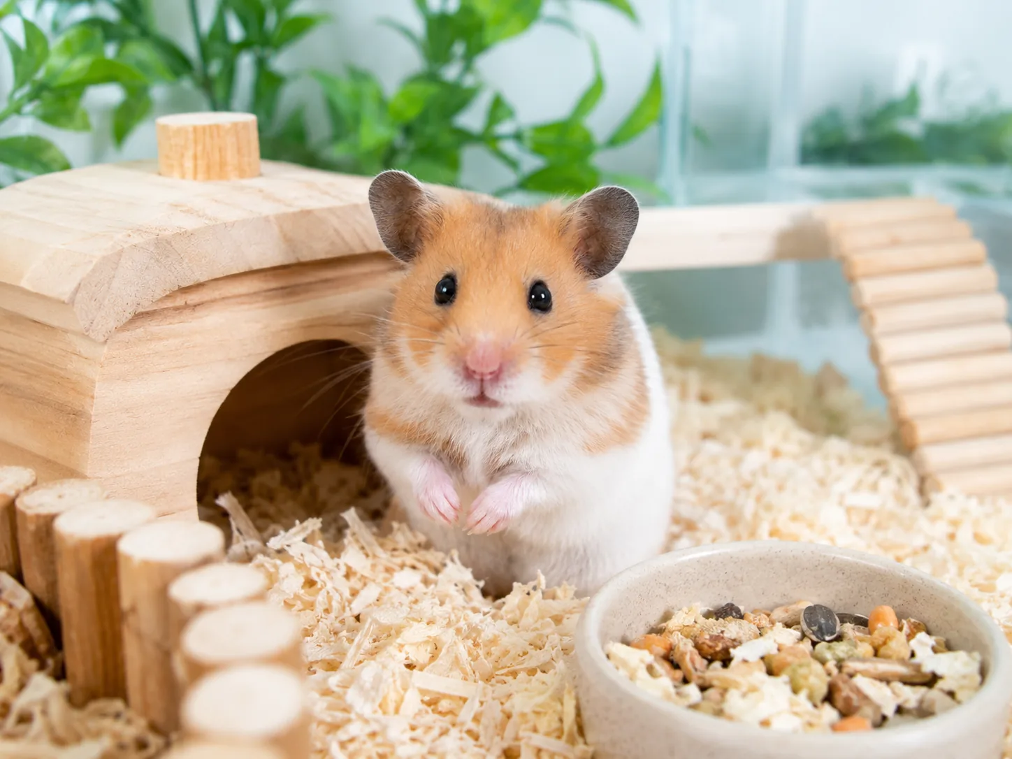 Hamster bij houten huisje