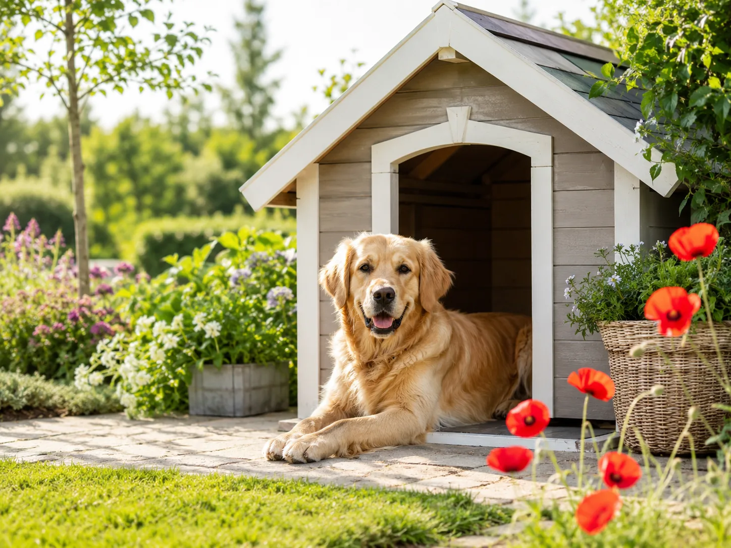 Golden retriever bij hondenhok