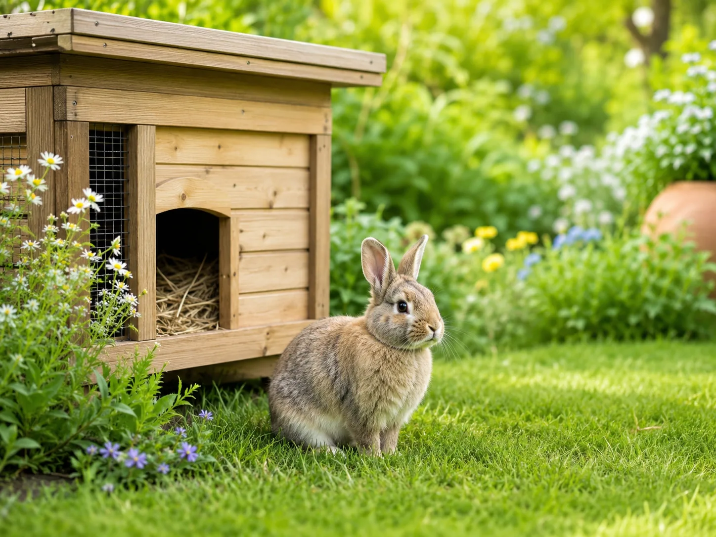 Konijn naast groot houten hok