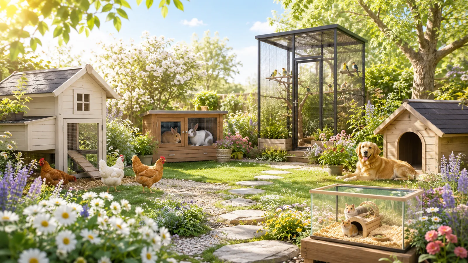 Tuin met verschillende dierenverblijven